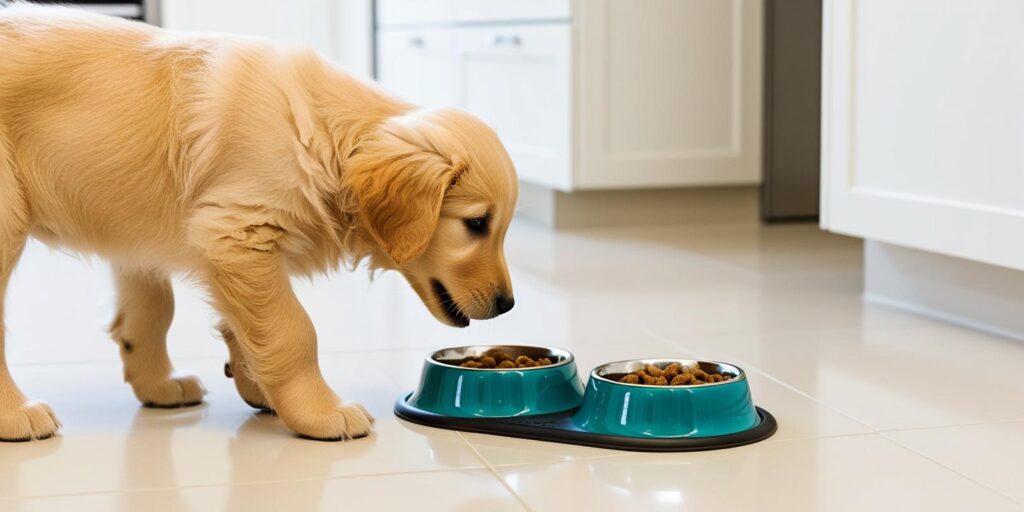 golden retriever puppy eating from a bowl