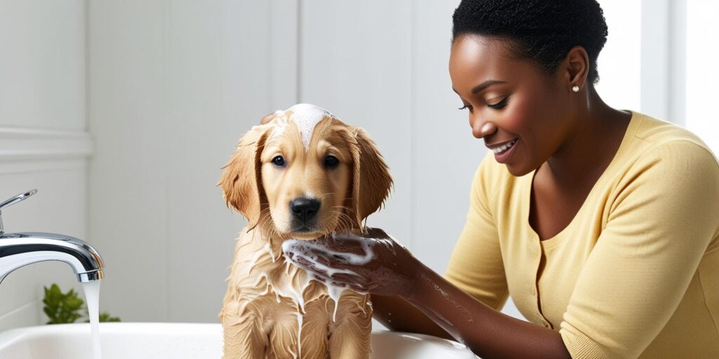 woman washing her golden retriever puppy