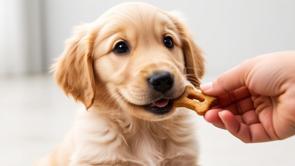 golden retriever eating a puppy treat