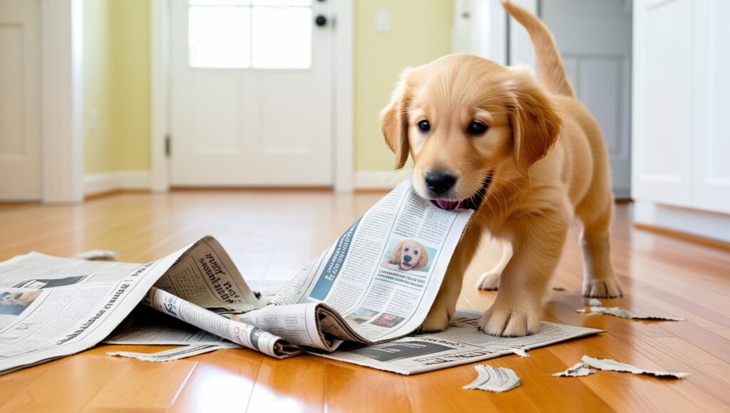 golden retriever puppy tearing up a newspaper
