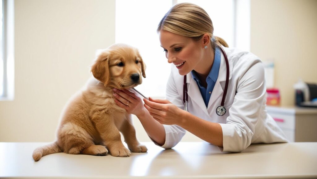 vet examining a golden retriever puppy