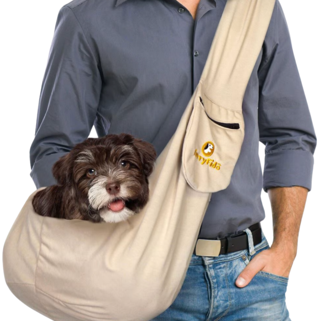 man with a dog carrier sling carrying a small dog