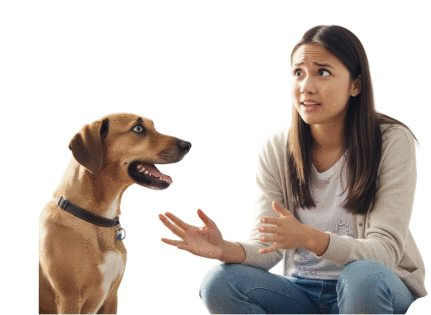 woman looking at her dog