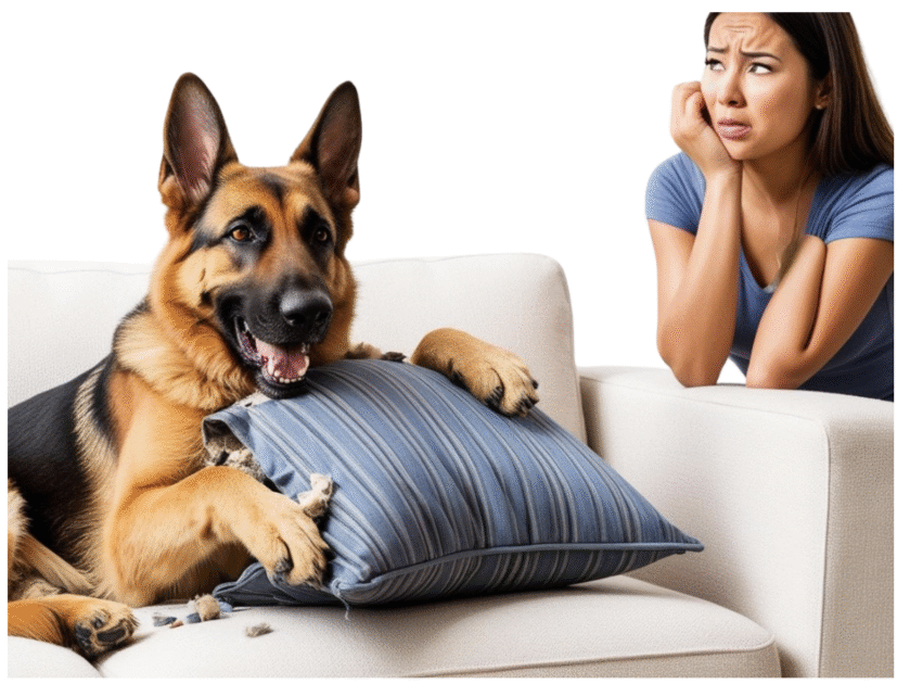 dog tearing up a sofa pillow
