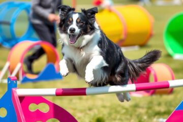 A Border Collie navigating a dog agility course with jumps and tunnels