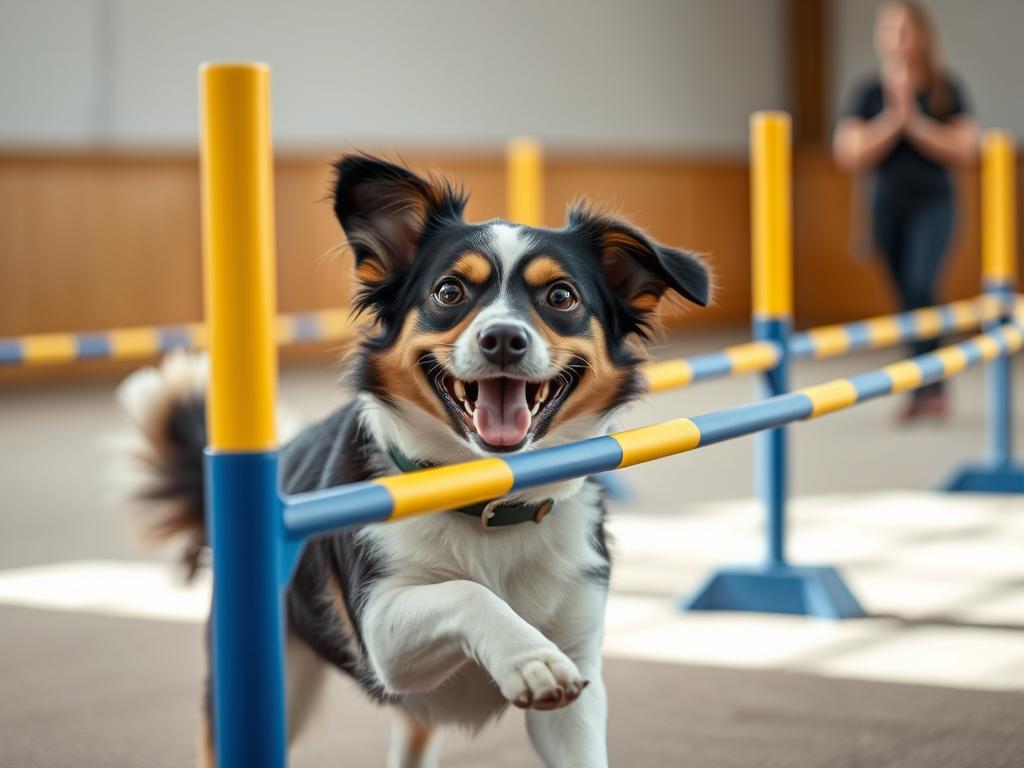 A small dog successfully completing a weave pole obstacle in dog agility training