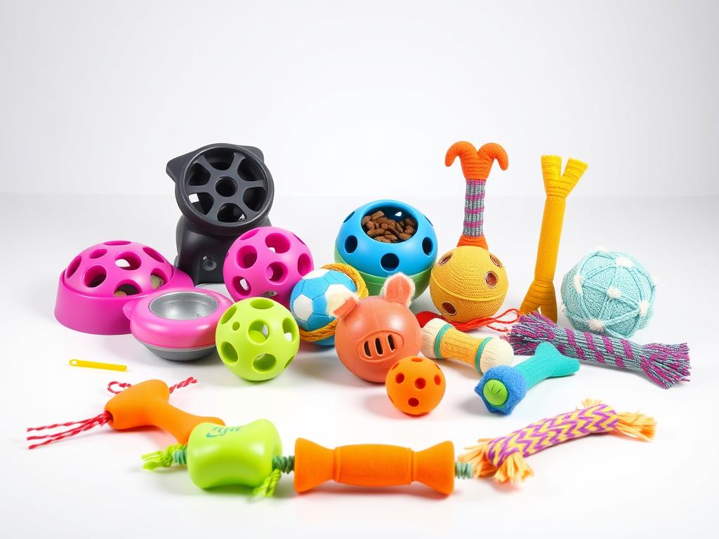 Assortment of interactive dog toys including puzzle feeders, chew toys, and plush toys for mental stimulation