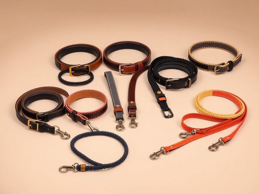 Collection of dog collars and leashes in various materials and styles including nylon, leather, and reflective options