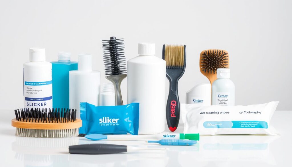 Collection of dog grooming supplies including brushes, shampoo, nail clippers and dental care products