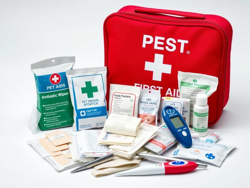 Comprehensive pet first aid kit with bandages, antiseptic wipes, tweezers and other emergency supplies