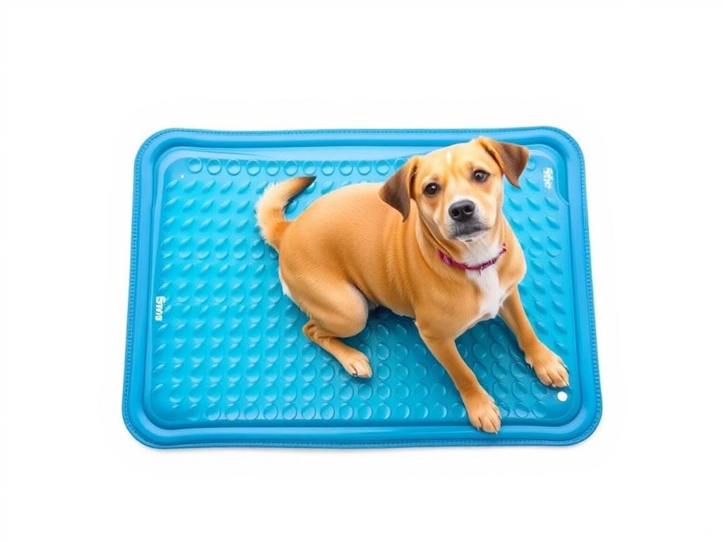 Dog resting on a cooling mat after agility training