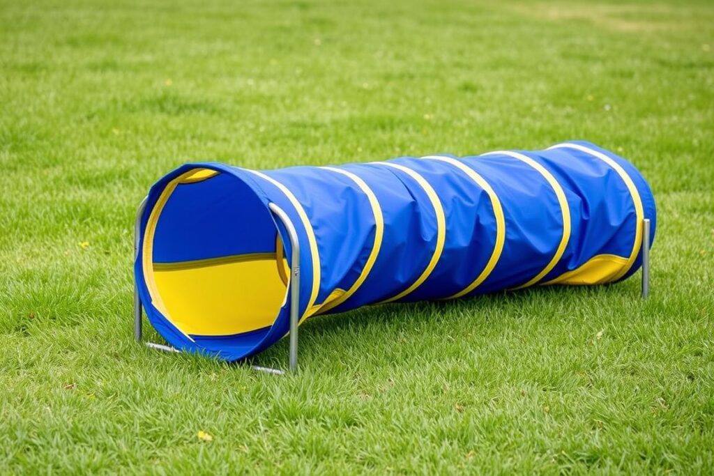 Dog running through an agility tunnel during training