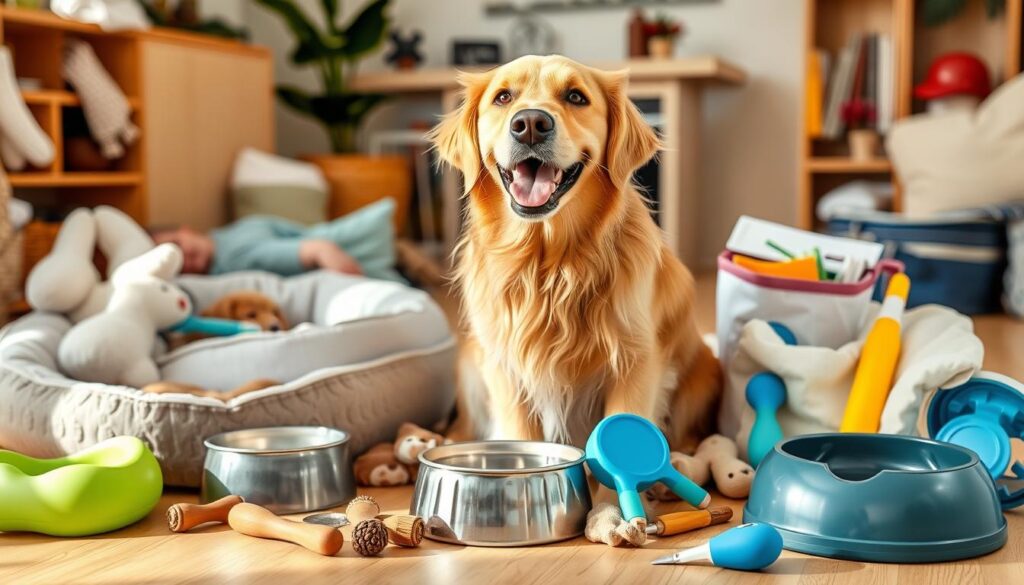 Happy dog surrounded by essential dog supplies including food, toys, bed and grooming tools