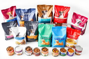 Various bags of premium dog food from Chewy including dry kibble and wet food options
